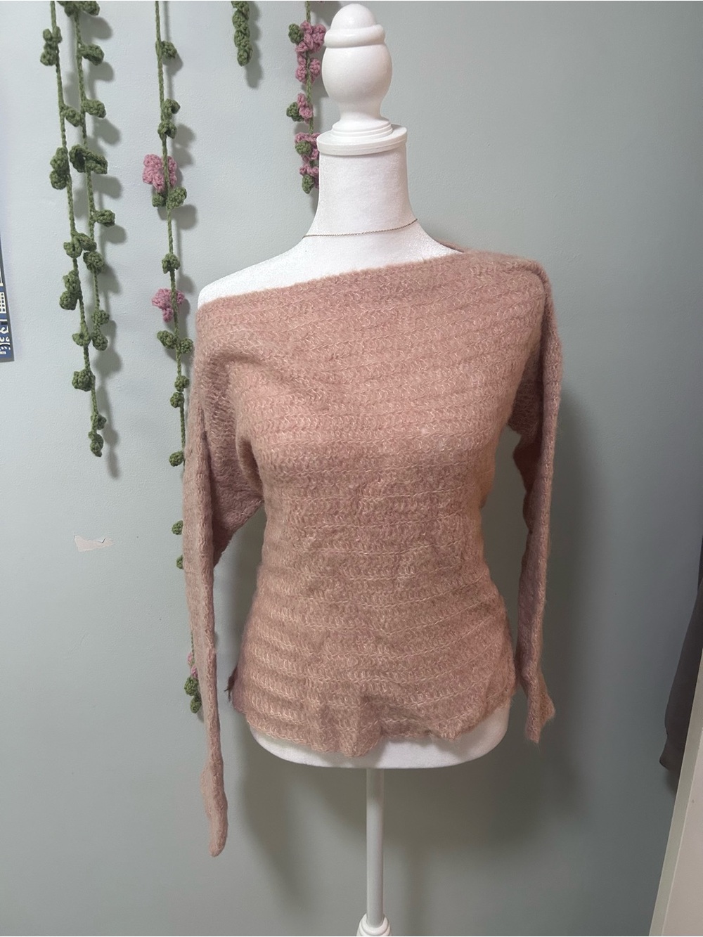 Off-Shoulder Blush Pink Fuzzy Knit Sweater Top
